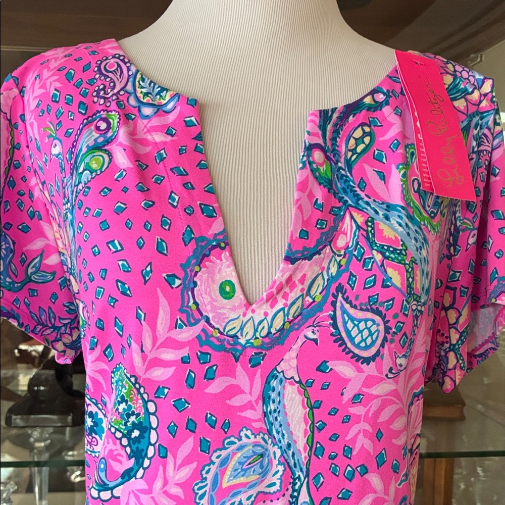 Lilly Pulitzer Pink Paisley Shift Dress with Blue Accents XL - Picture 2 of 6